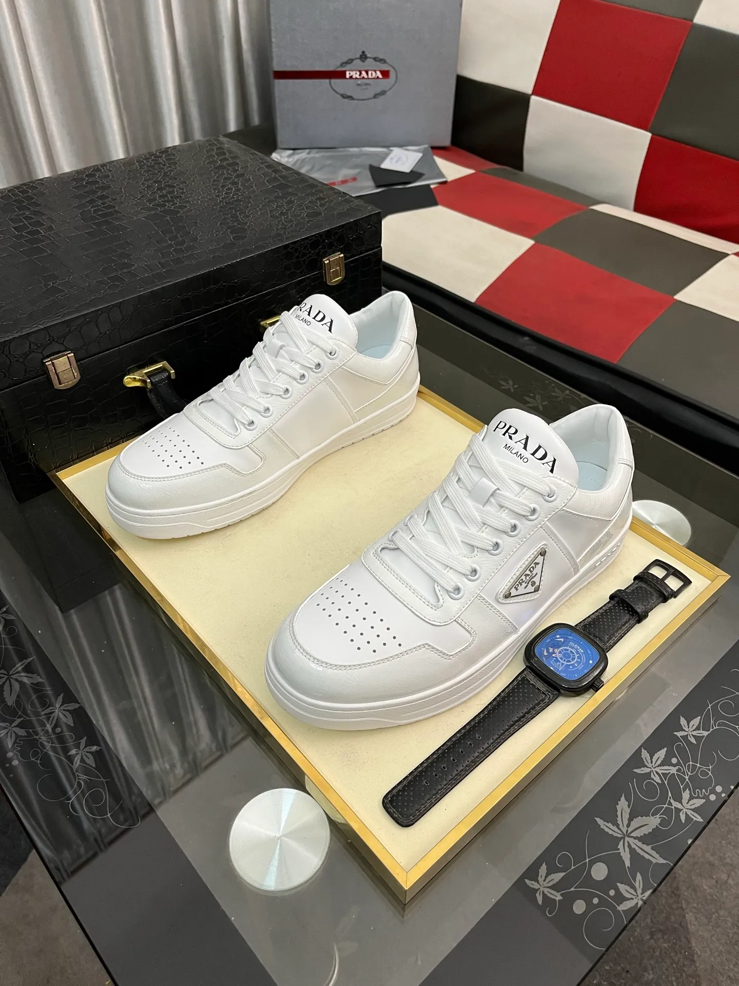 Men's shoes 💰560⌚️⌚️【PRADA】Prada - high-end quality original order 🔍🔍🔍 casual sports shoes - upper: 🔝 Nappa calfskin, brand high satin hollow canvas, shoe body sewn brand metal fasteners, tongue injection molded brand logo - lining: water-dyed cowhide - outsole: ultra-light TPU foam rubber; two-color molded outsole -Ultra-high quality control and fine workmanship: highlighted (high-end, extravagance, and class) -Size: 38-444️⃣colors available
